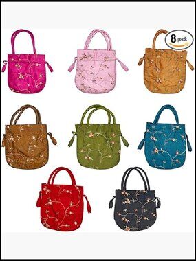 8 Drawstring Silk Jewelry Pouches Brocade Embroidered Gift Bags Wedding Party